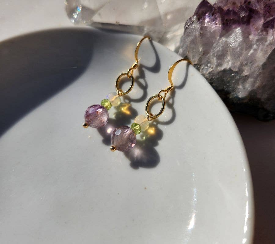 Edgy Petal Jewelry - Light Amethyst, Peridot and Ethiopian Opal Gold Ringlet Earrings