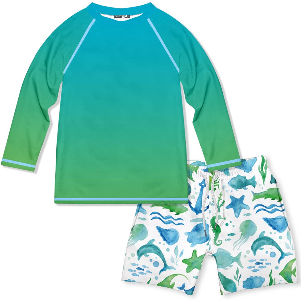 Millie Loves Lily - White WatercolorSea Long-Sleeve Rashguard Set