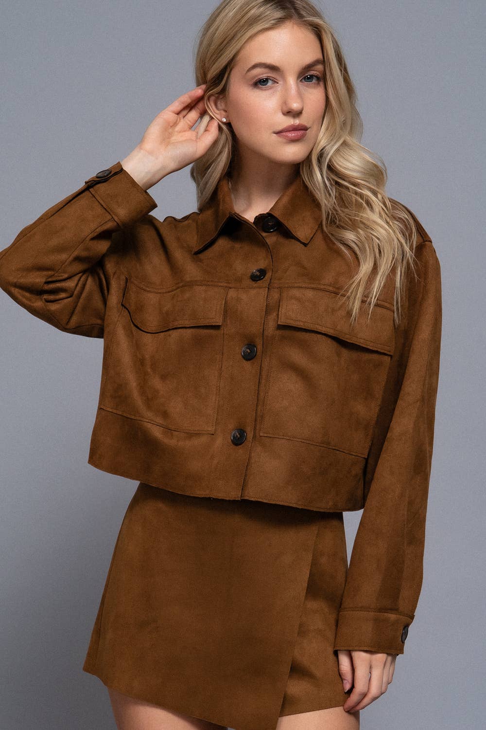 Active Basic | Active USA - Long Sleeve with Front Patch Pocket Faux Suede Short Jacket