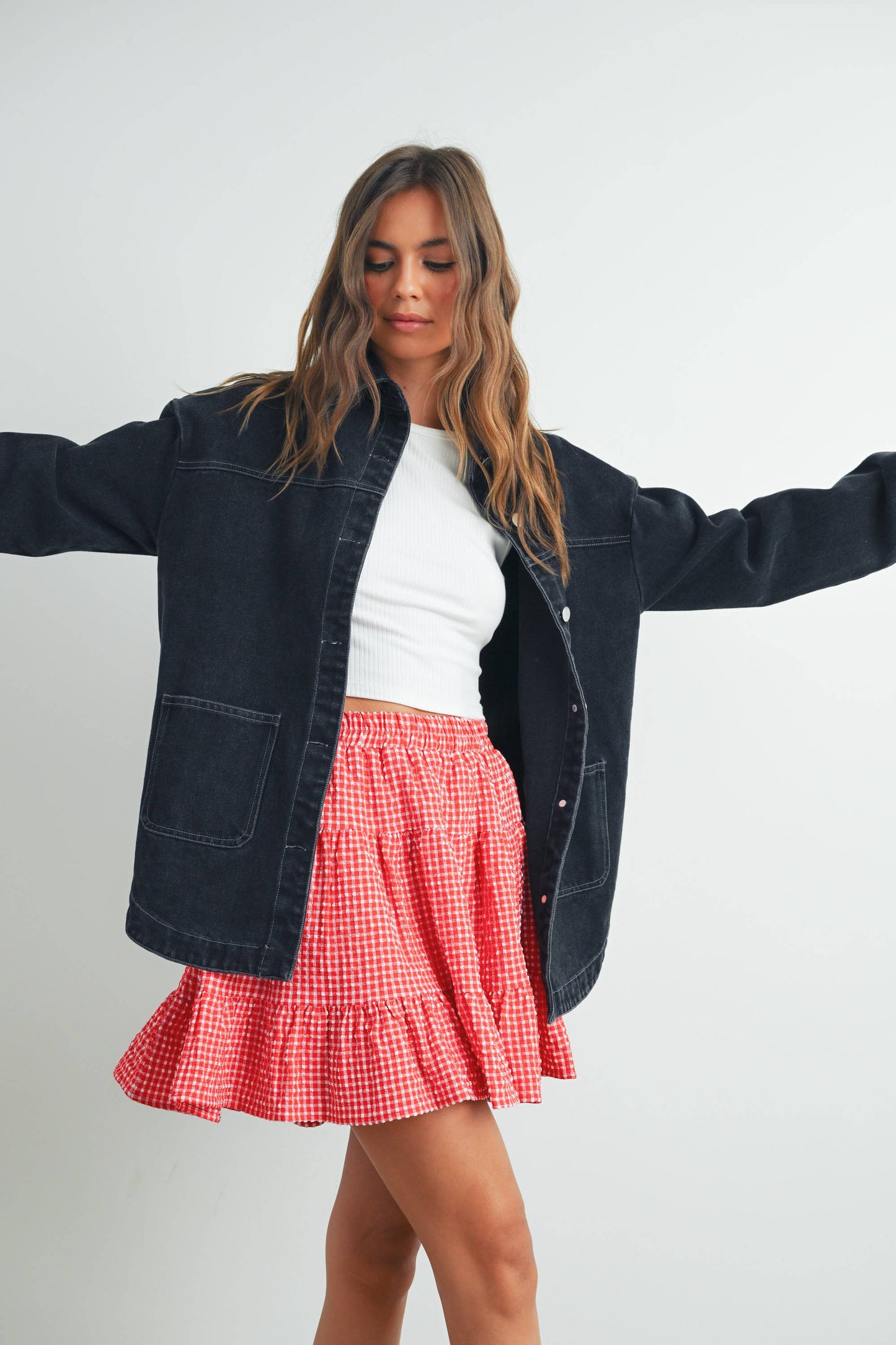 BUTTERMELON - High Waist Tiered Check Skirt - BMS7530-B
