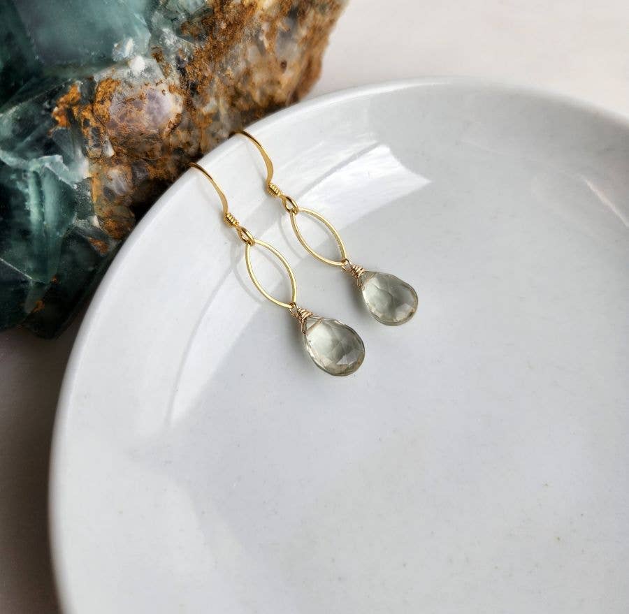 Edgy Petal Jewelry - Green Amethyst Dainty Gold Marquis Earrings