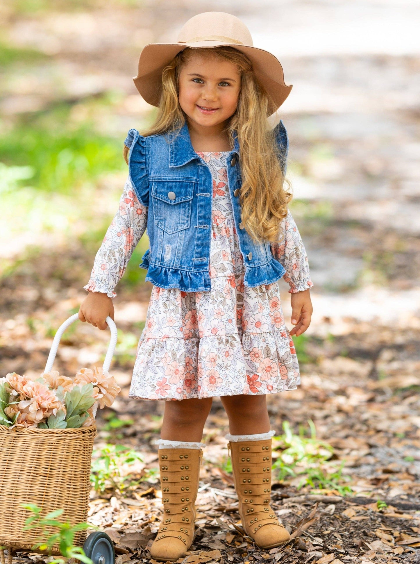 Mia Belle Girls • Wholesale - Long Sleeve Floral Dress w/ Ruffle Denim Vest & Set