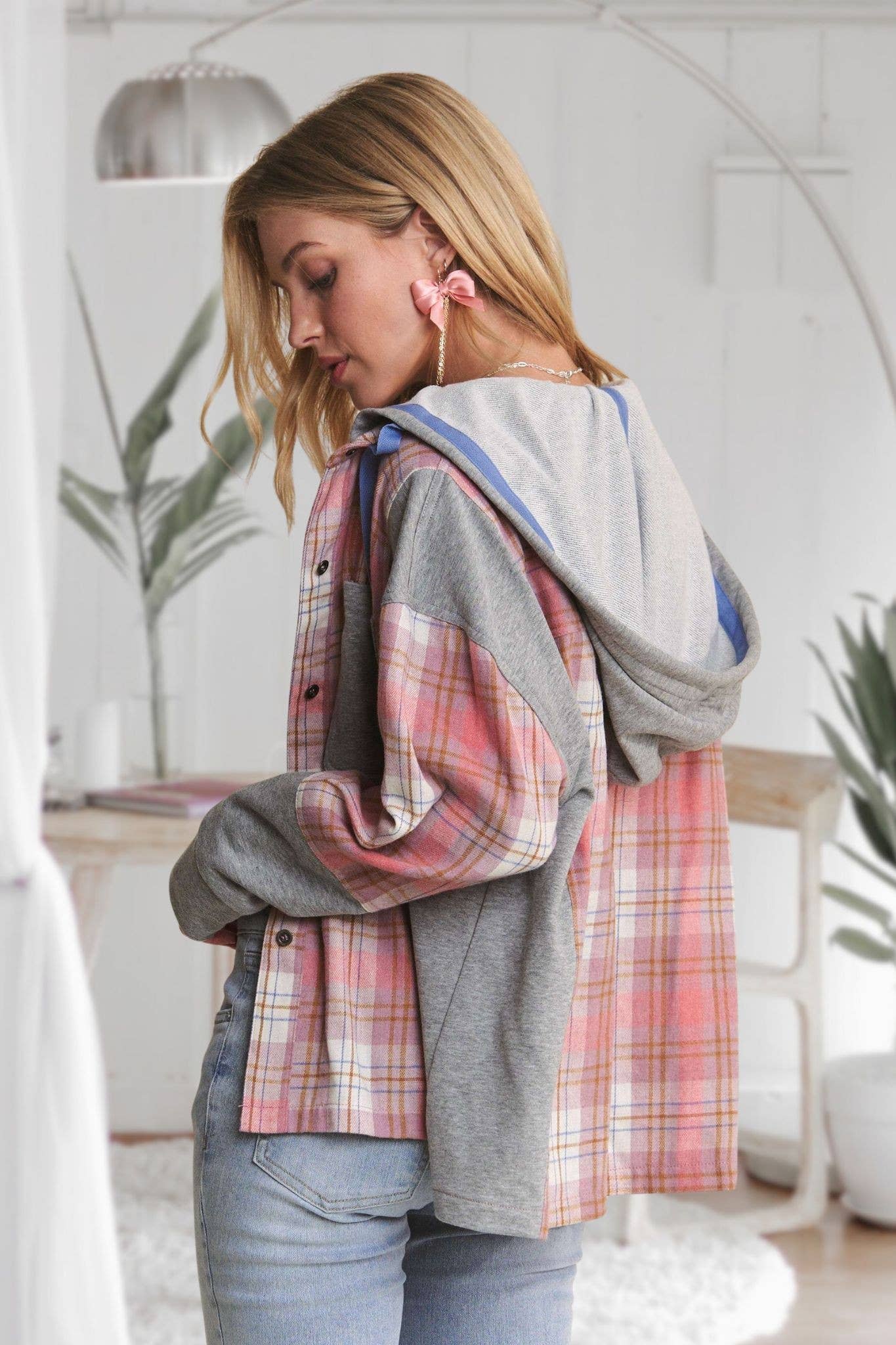 ADORA LA - CEJ3671WN - BUTTON DOWN PLAID HOODIE SHACKET