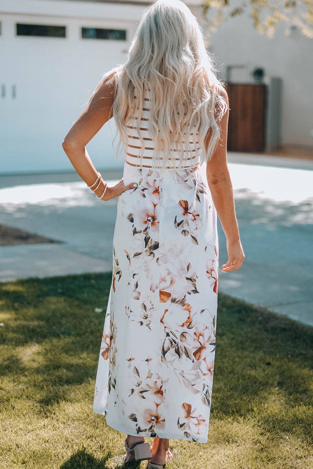 Lovesoft - White Striped Floral Print Sleeveless Maxi Dress with Pocket