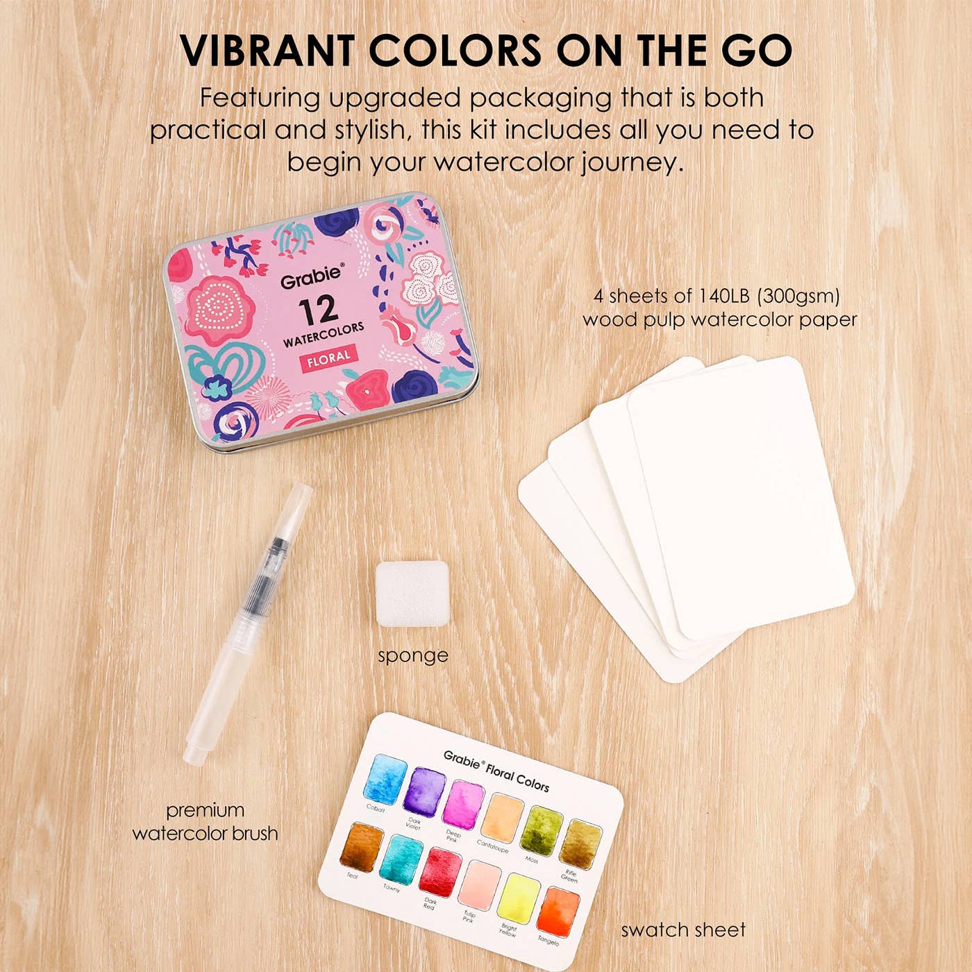 Grabie - Watercolor Pocket Set Of 12 With Brush - Floral Colors