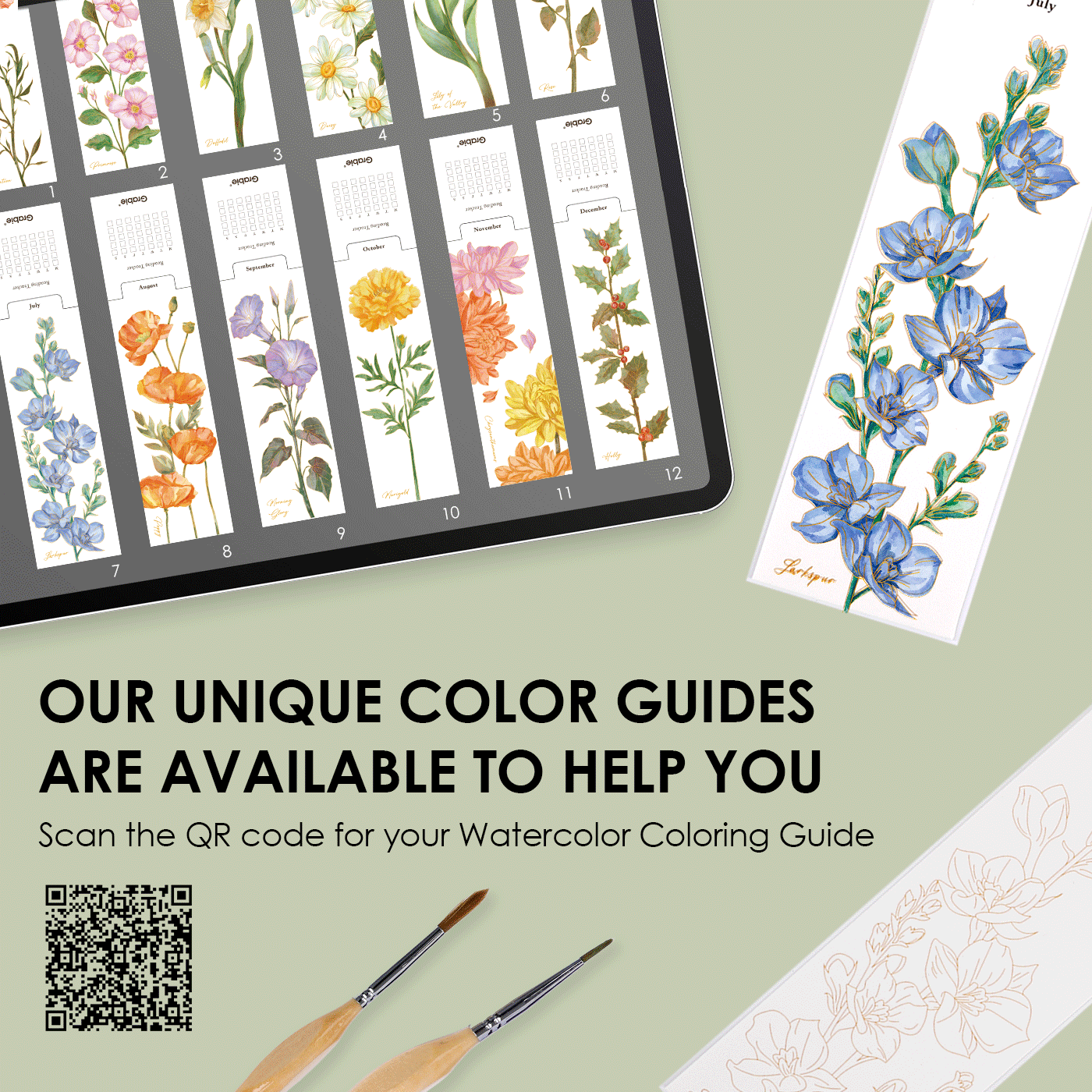 Grabie - 12 Sheets 140LB Watercolor Coloring Bookmarks