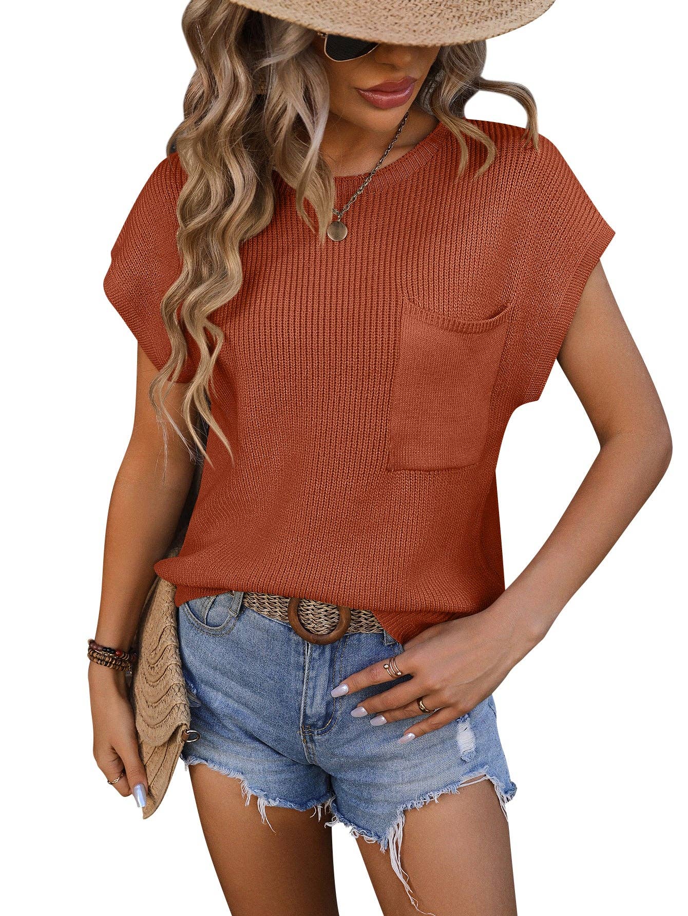 Lovesoft - Crewneck Pocket Trim Top Short-sleeved Sweater