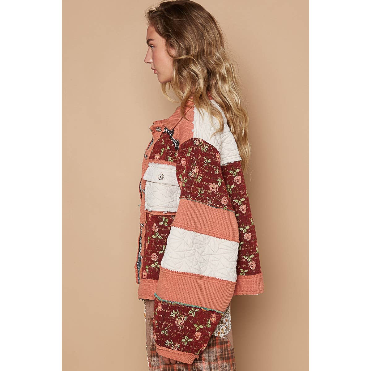 Pol Clothing - Vintage washed jacquard color block jacket