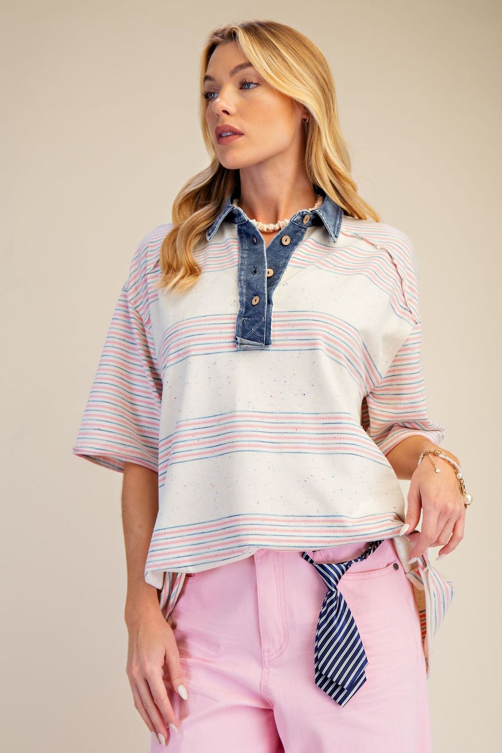 Pink Stripe Denim Collared Shirt