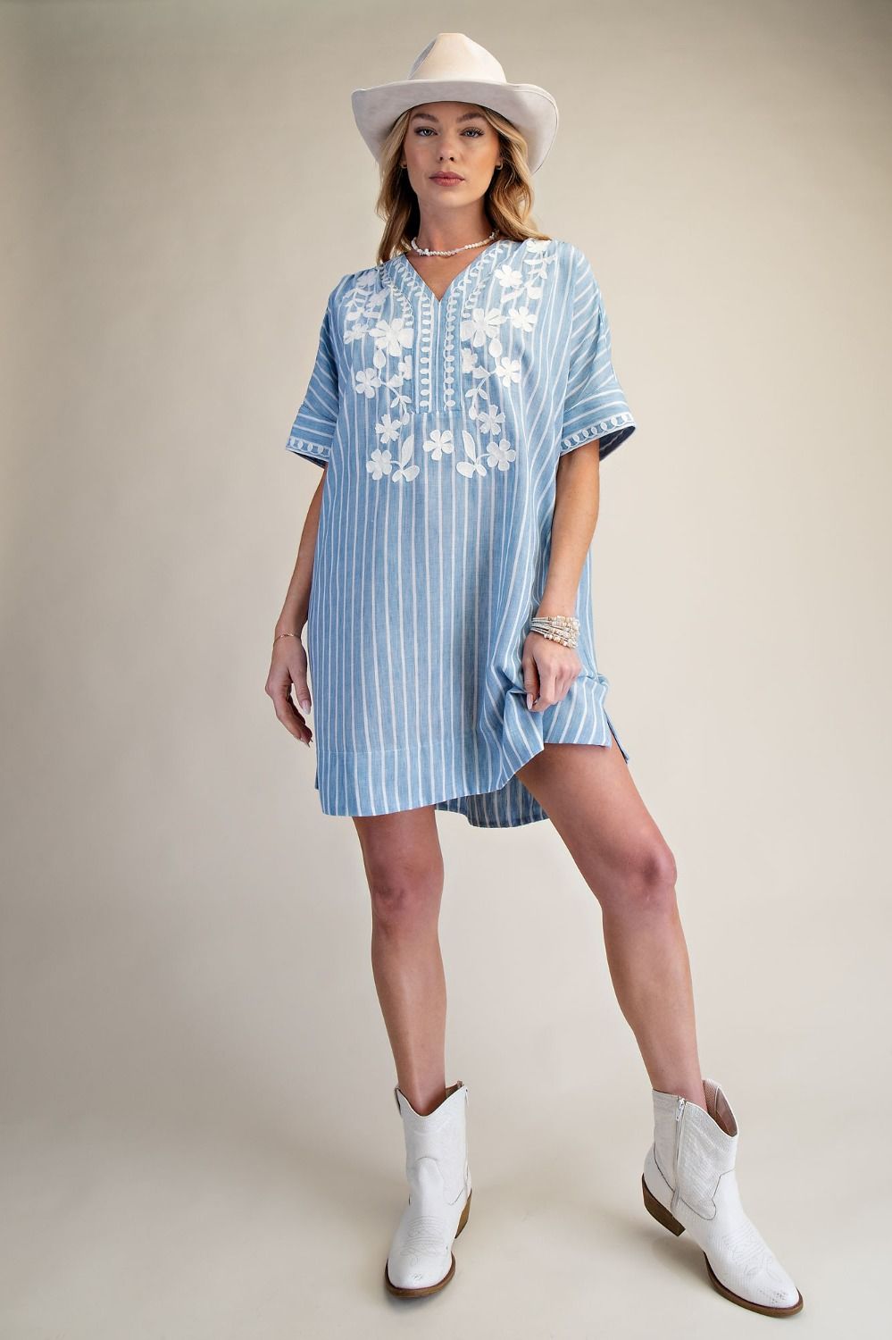 Cotton Stripe Embroidery Dress