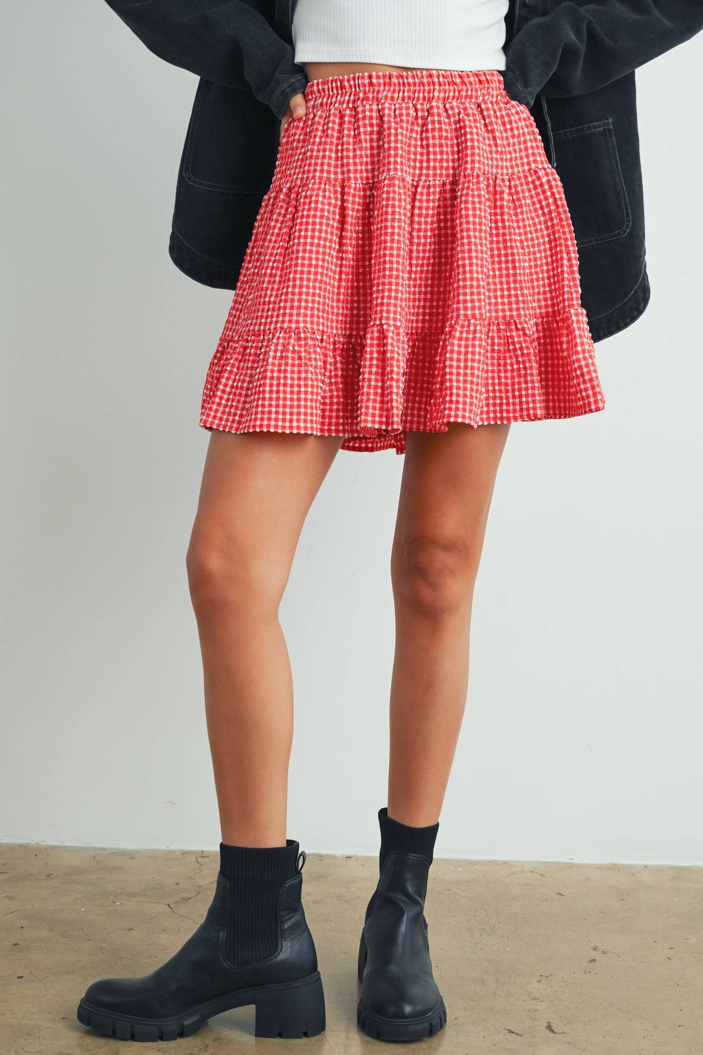 BUTTERMELON - High Waist Tiered Check Skirt - BMS7530-B