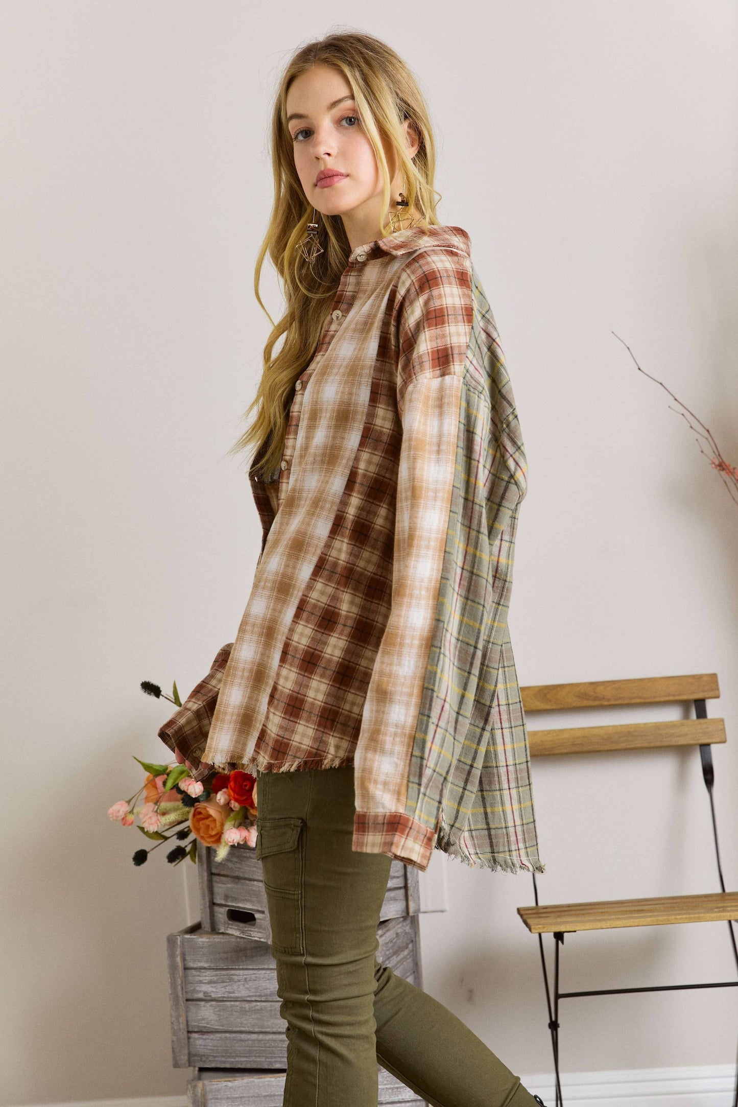 ADORA LA - CET2657 - FRAYED EDGE BOHEMIAN PLAID SHIRT