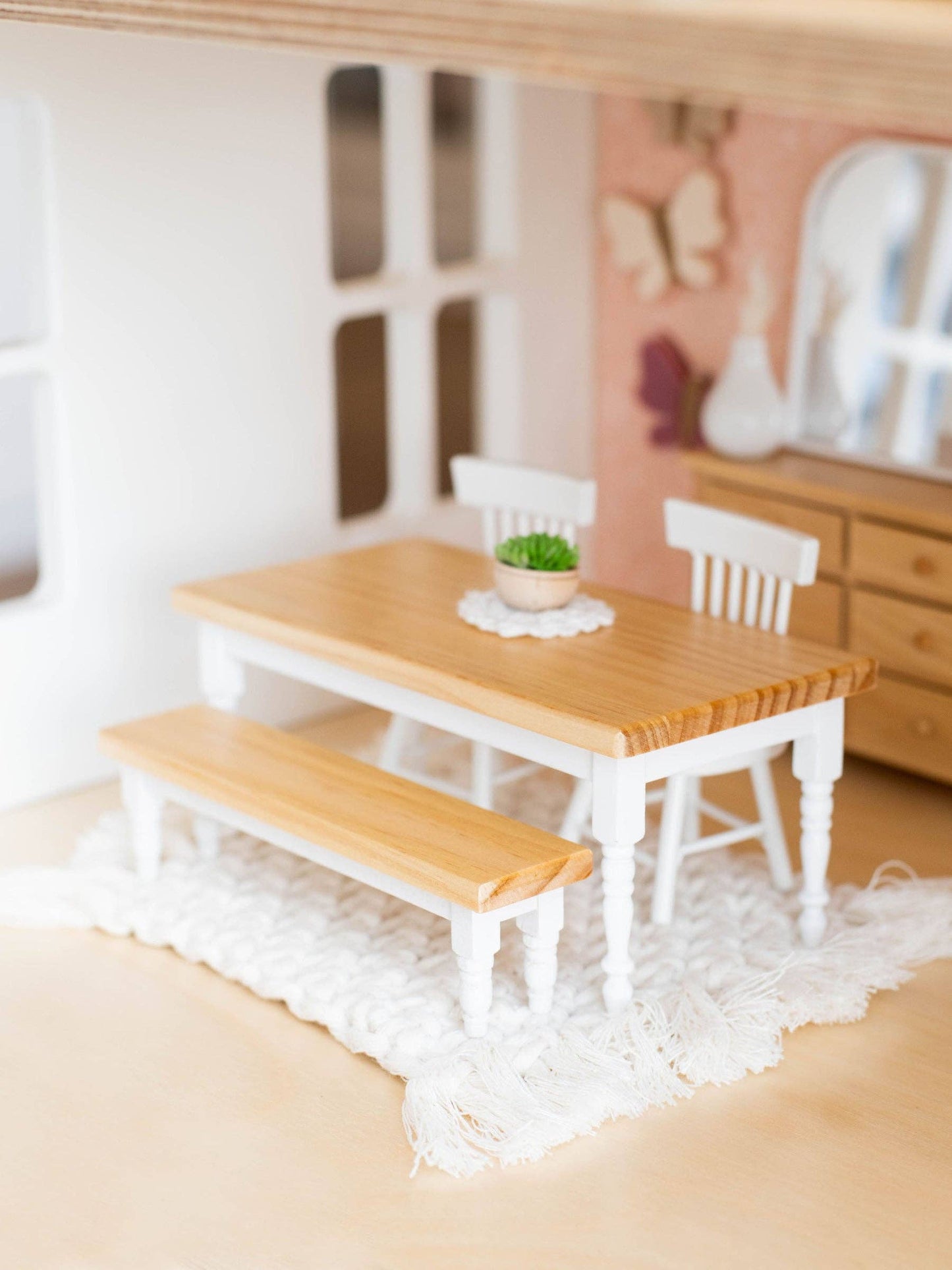 Macy Mae Dollhouse Designs - Dollhouse Farm Style Dining Table | Natural Wood & White