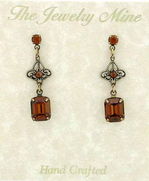 VintageJewelrymine - Victorian Style Filigree Crystal Drop Earrings -Smoked Topaz