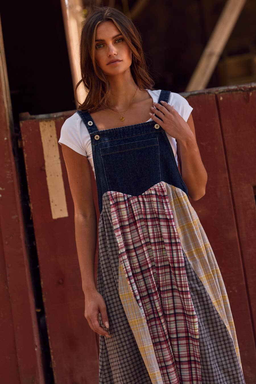 Oddi - Patchwork Plaid Overall Dress
