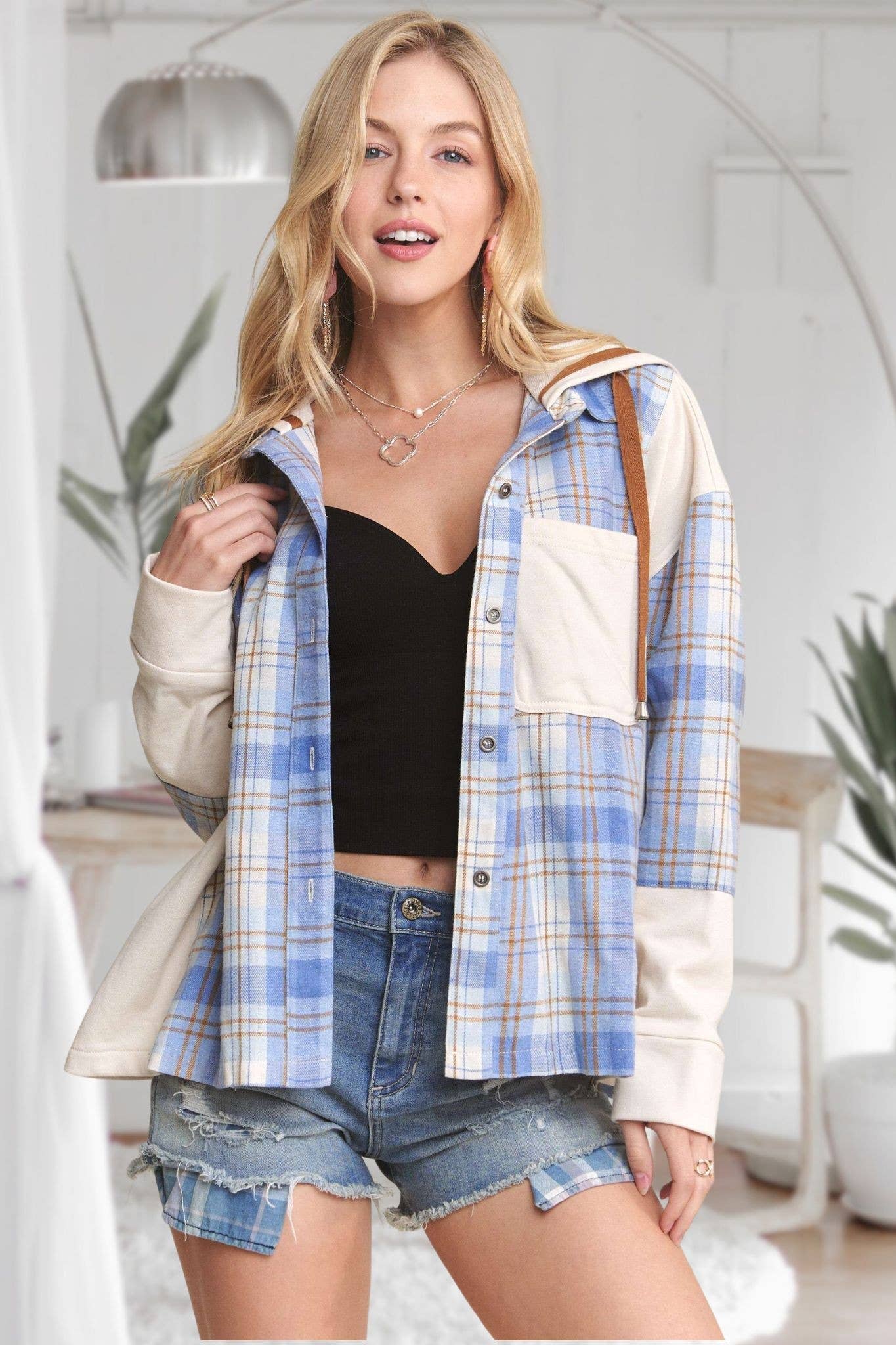 ADORA LA - CEJ3671WN - BUTTON DOWN PLAID HOODIE SHACKET