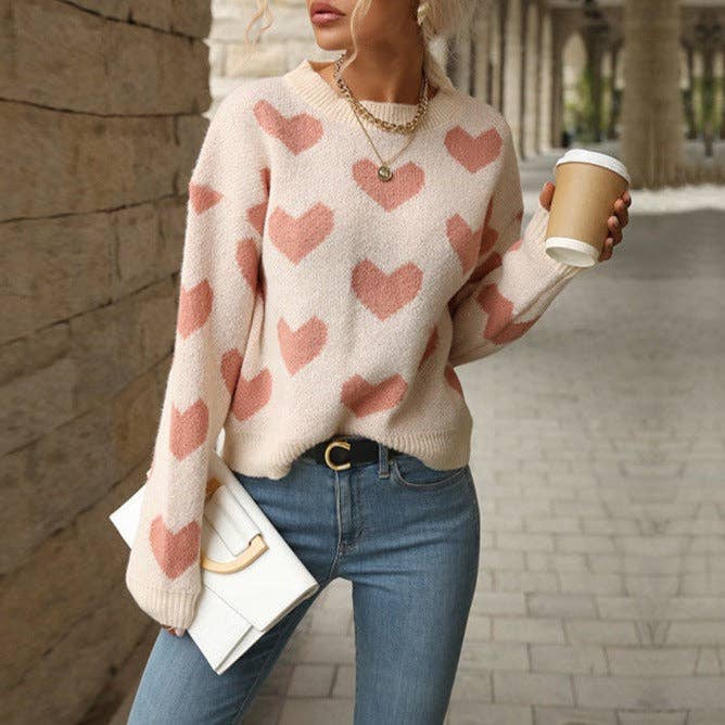 Lovesoft - Pink Women's Cute Aesthetic Heart Cream Sweaters