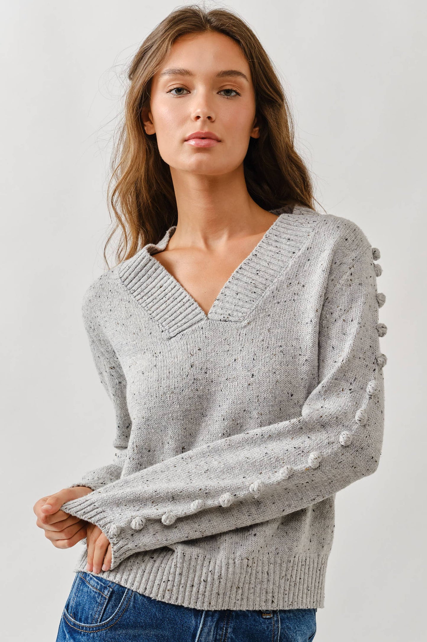 Aaron & Amber - MAS2843 POMPOM LONG SLEEVES V NECK SWEATER