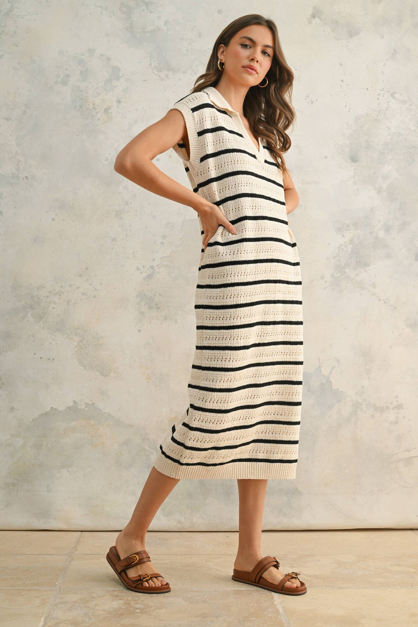 MIOU MUSE - D3924 CROCHET KNITTED COLLARED DRESS