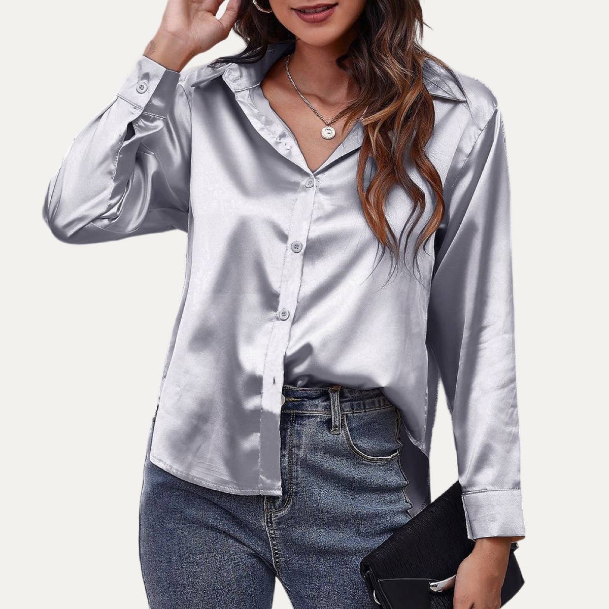 Easily Chic Solid Long Sleeve Button-Up Satin Shirt: BROWN / S