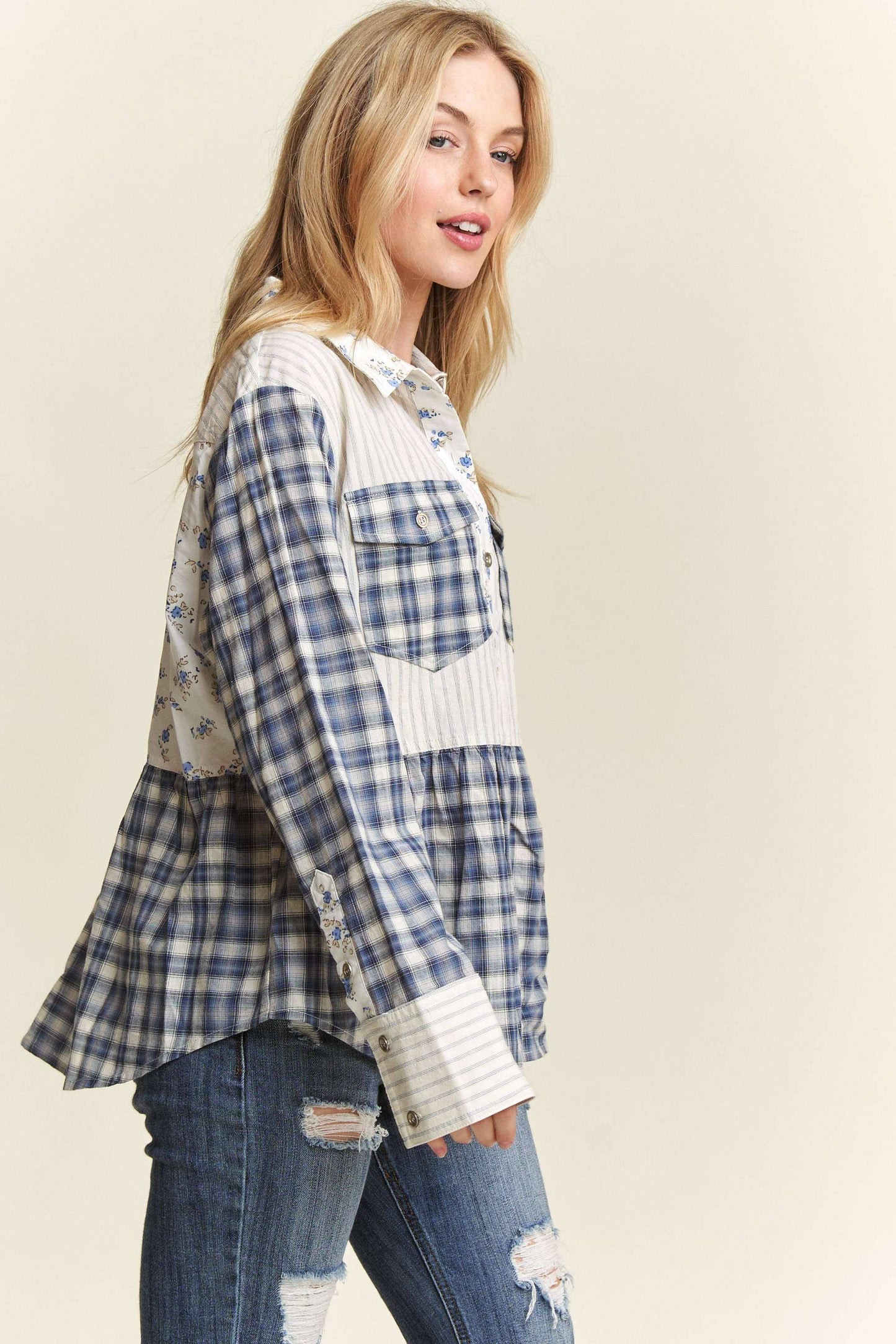 ADORA LA - BUTTON DOWN FABRIC MIX BABYDOLL SHIRT