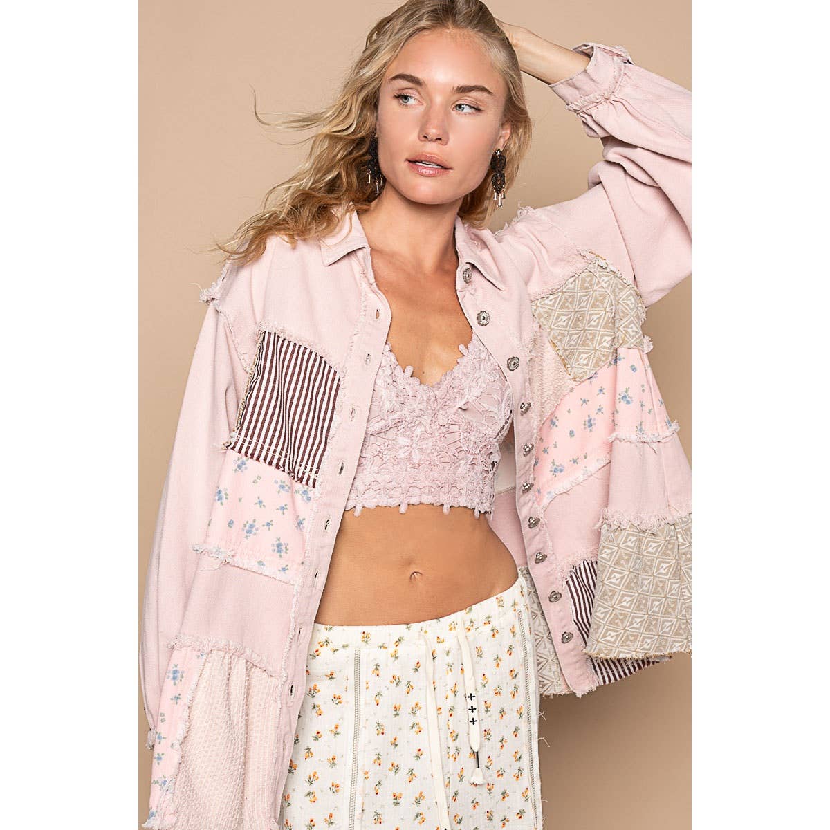 Pol Clothing - Oversize balloon sleeve mix fabrication jacket