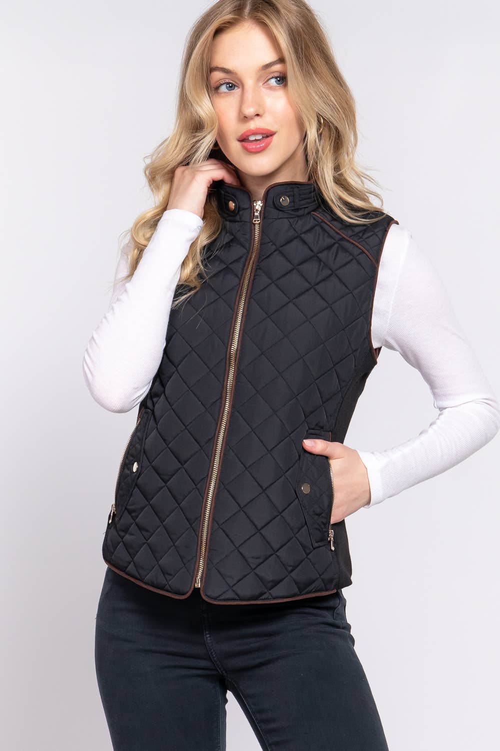 ..SC155345 SLIM FIT SUEDE PIPING QUILTED PADDING VEST: BLK-black-155345