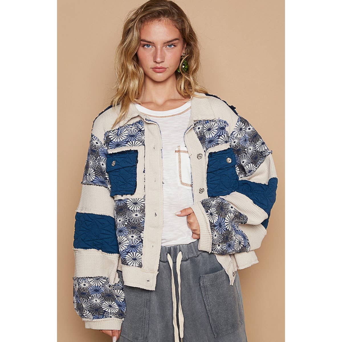 Pol Clothing - Vintage washed jacquard color block jacket