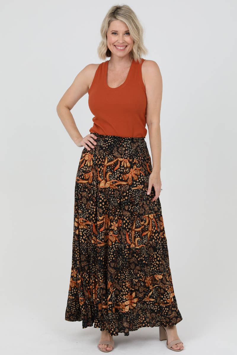 Nostalgia - N6P57-FQ65-FQ66 SMOCKED WAIST TIERED MAXI SKIRT