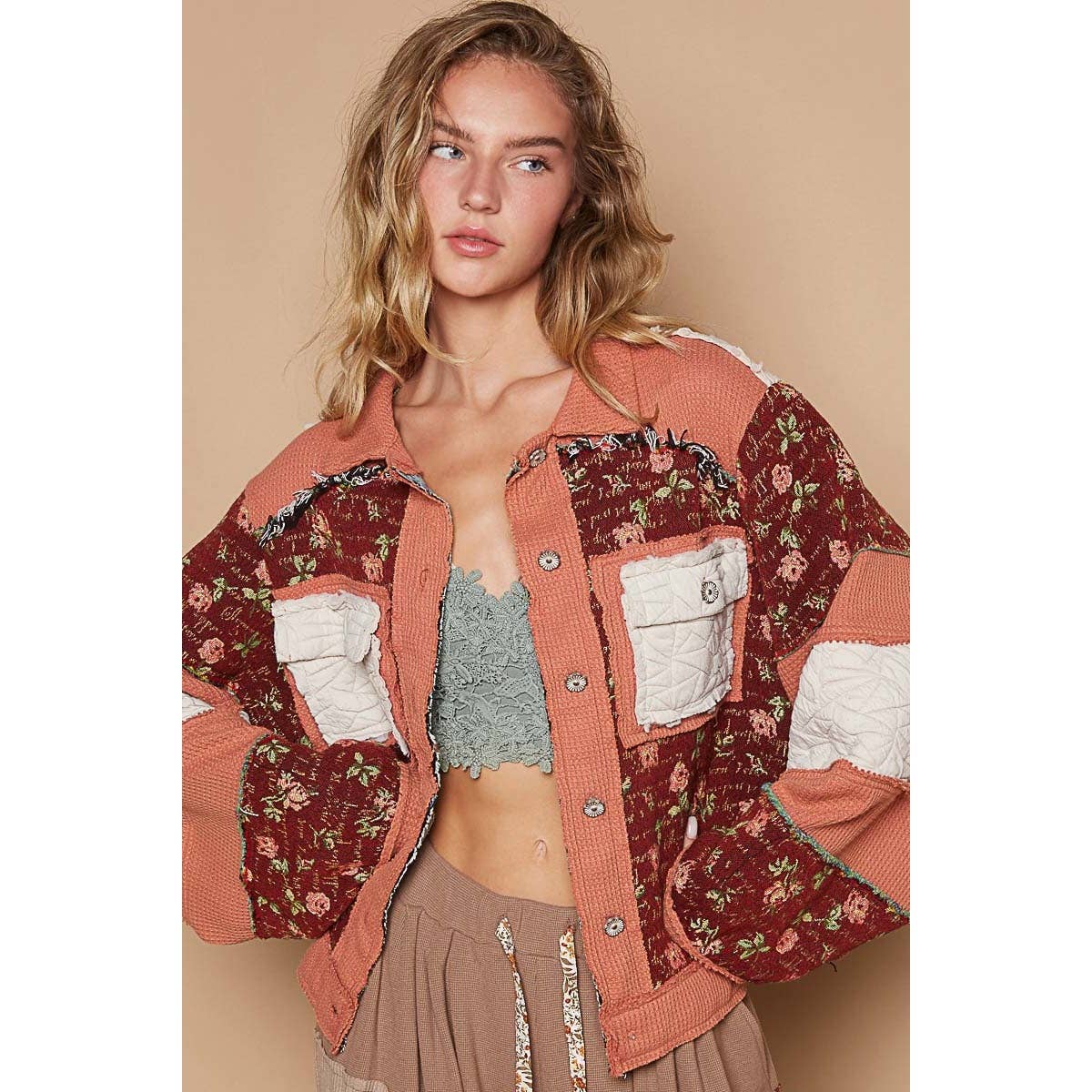 Pol Clothing - Vintage washed jacquard color block jacket