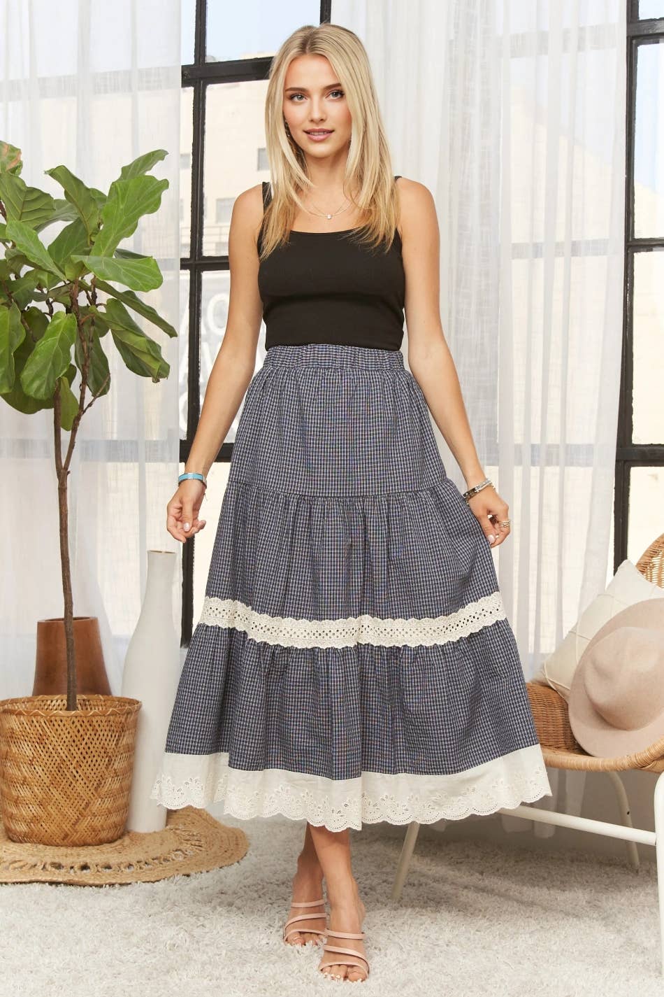 ADORA LA - CES4088 -GINGHAM TIERED MIDI SKIRT LACE TRIM