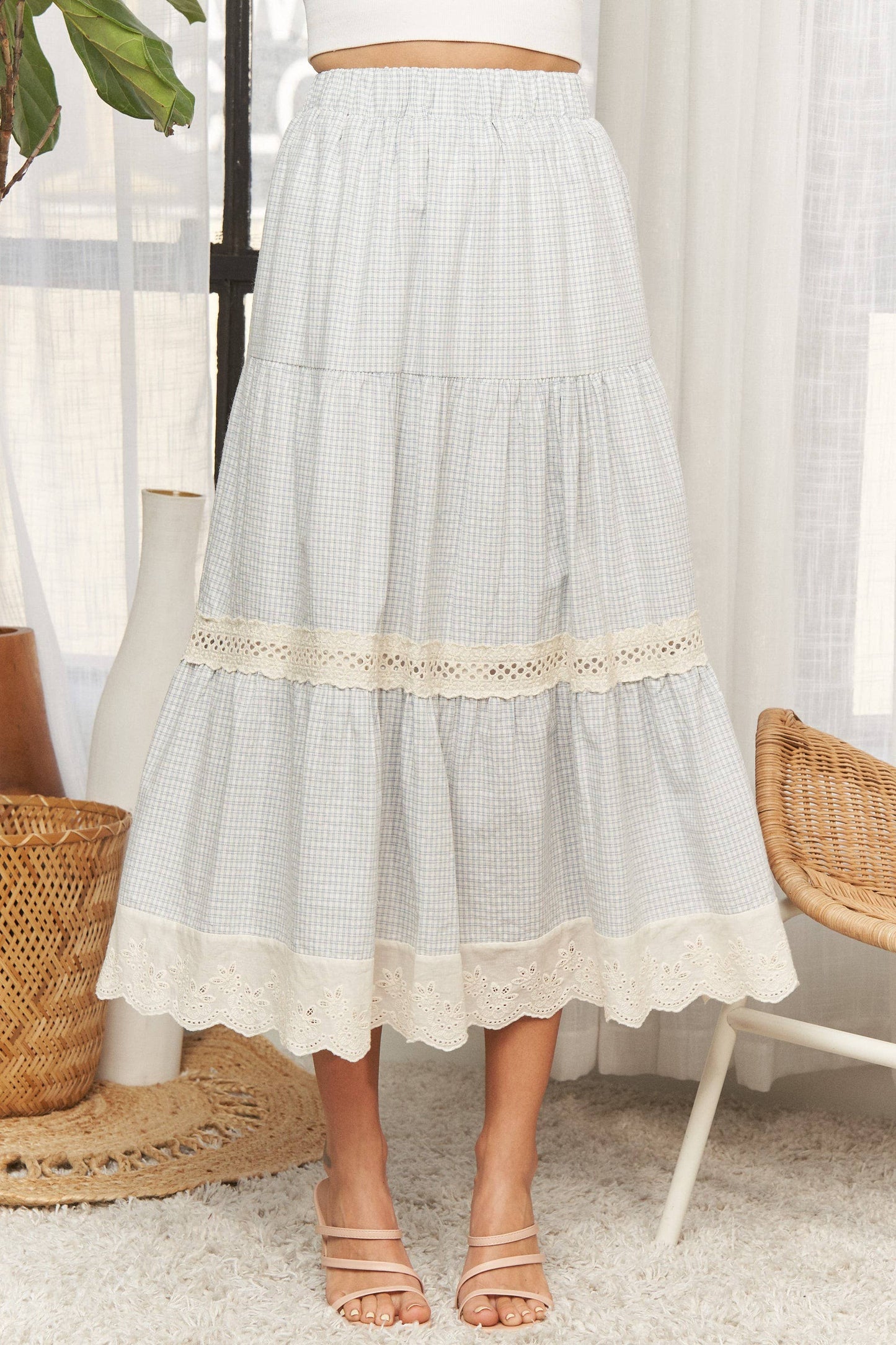 ADORA LA - CES4088 -GINGHAM TIERED MIDI SKIRT LACE TRIM