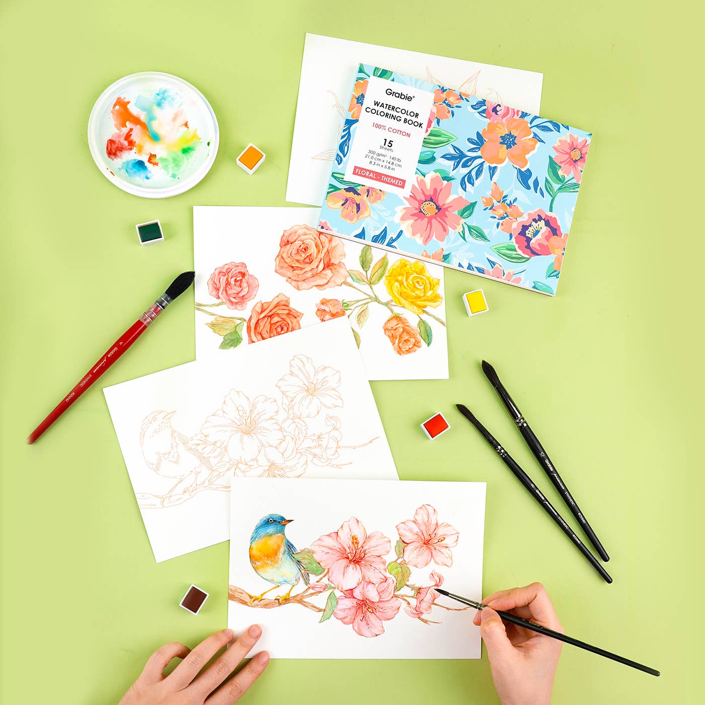 Grabie - Grabie 15 Sheets 140LB Floral-Themed Watercolor Coloring Book