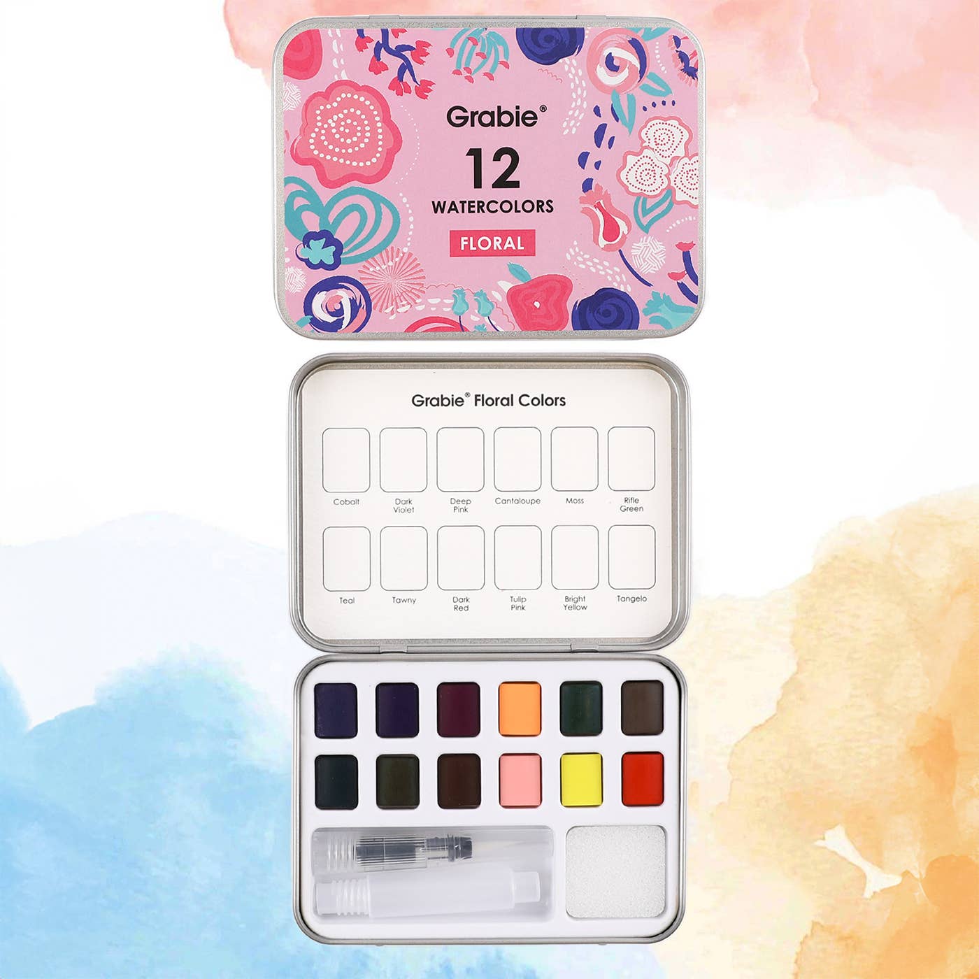 Grabie - Watercolor Pocket Set Of 12 With Brush - Floral Colors