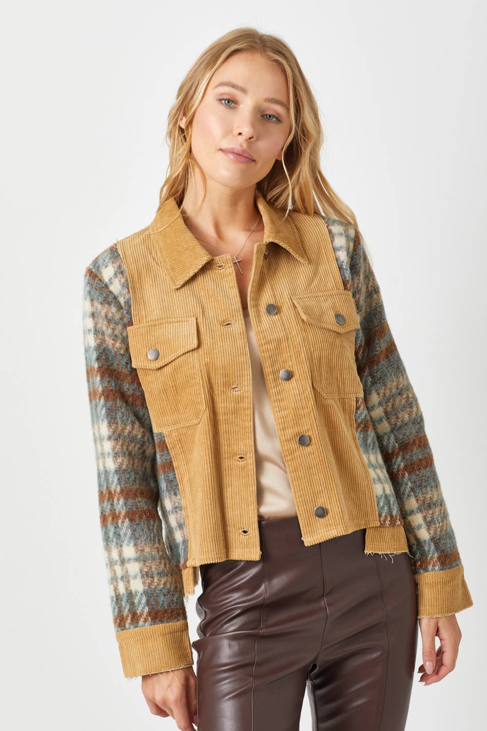 Mystree - 60213 Plaid Sleeve Corduroy Jacket