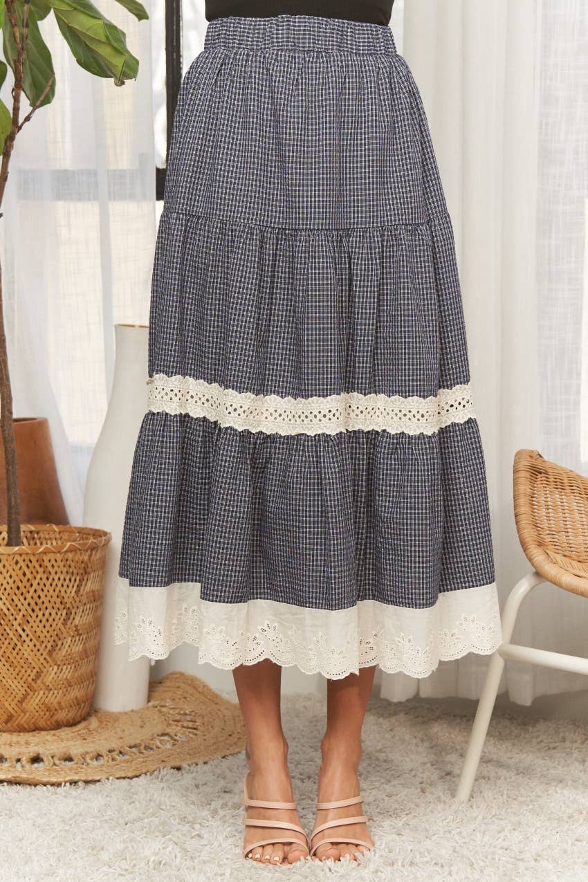 ADORA LA - CES4088 -GINGHAM TIERED MIDI SKIRT LACE TRIM