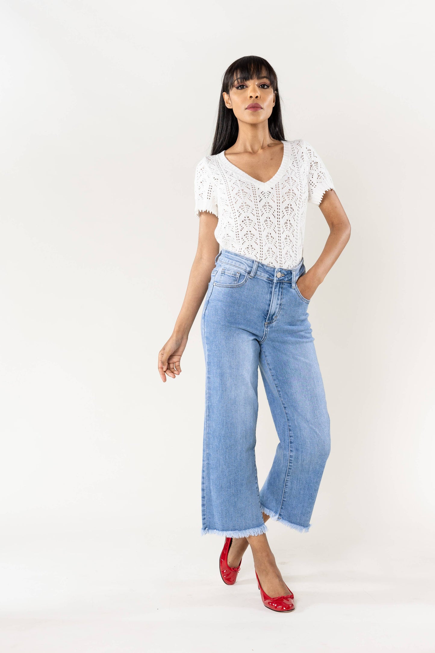 Nina Carter - Jean Nina Carter flare cropped frayed stretch QY1850