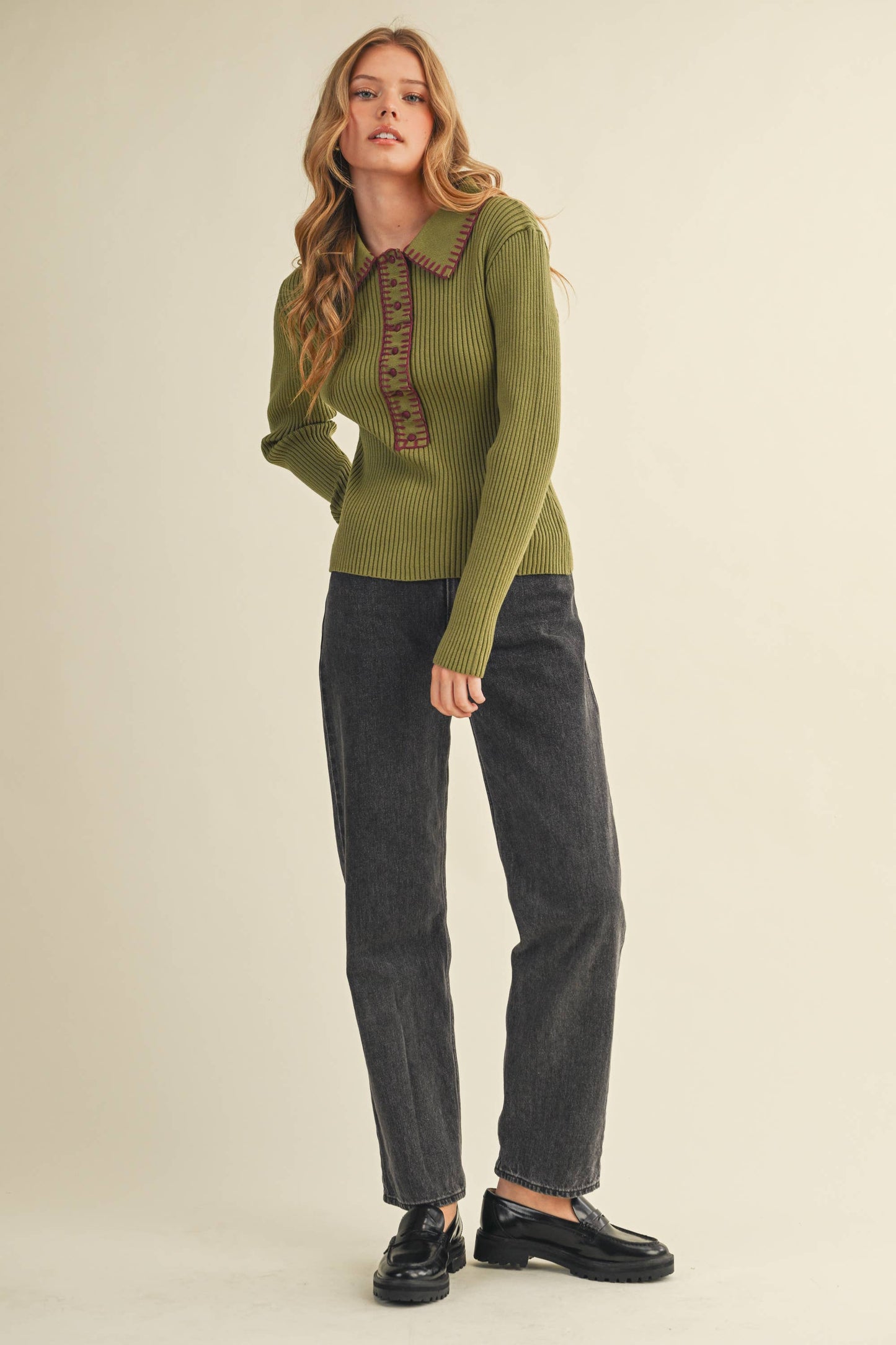 &MERCI - COLLARED RIBBED SWEATER WITH CONTRAST STITCH MSW11233