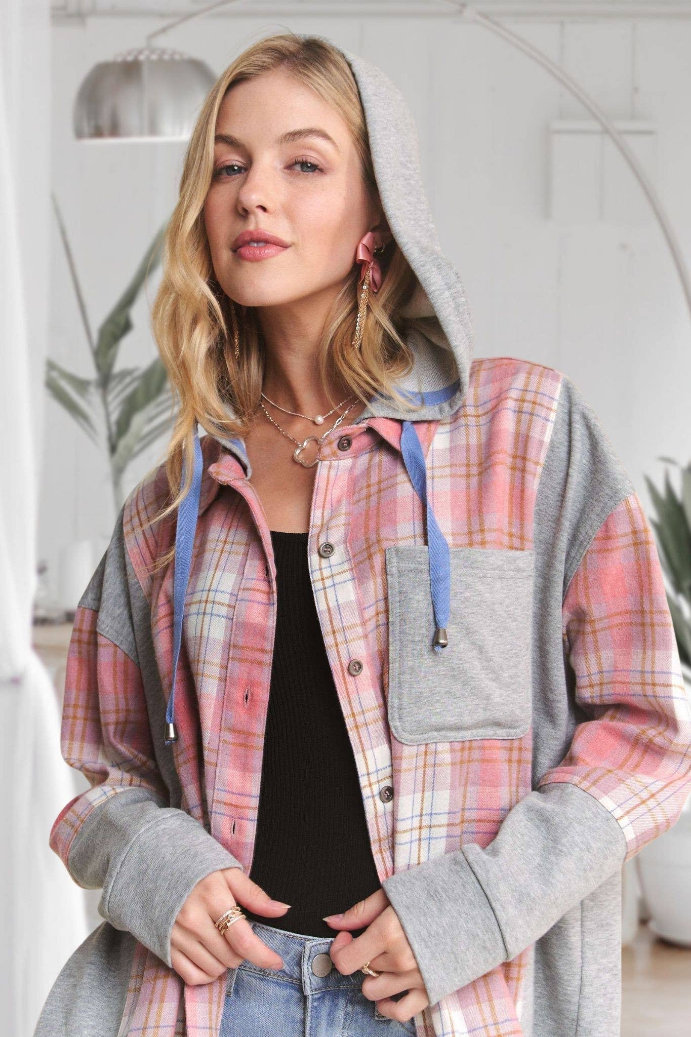 ADORA LA - CEJ3671WN - BUTTON DOWN PLAID HOODIE SHACKET