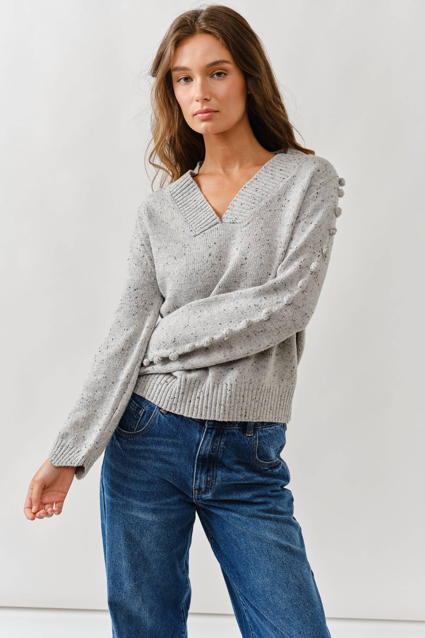Aaron & Amber - MAS2843 POMPOM LONG SLEEVES V NECK SWEATER