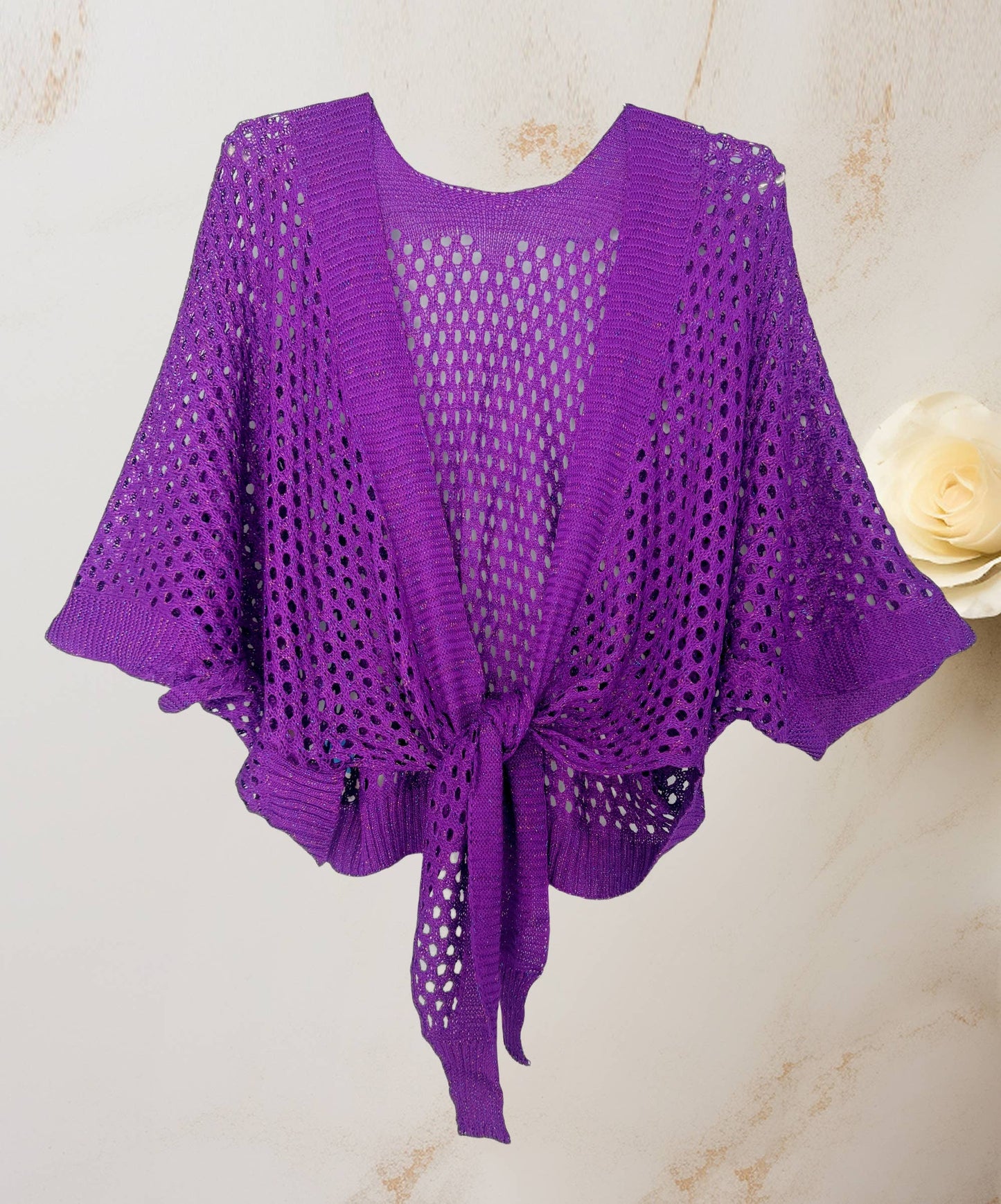 JC Sunny Fashion - JC063344 Eyelet Open-Knit Metallic Cardigan with Front Tie
