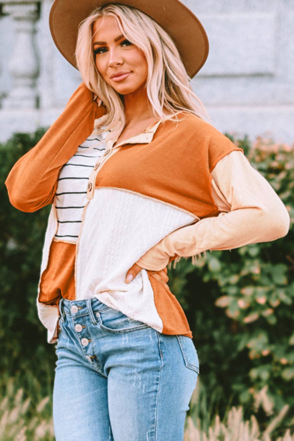 Lovesoft - Orange Stripe Color Block Splicing Long Sleeve Henley Top