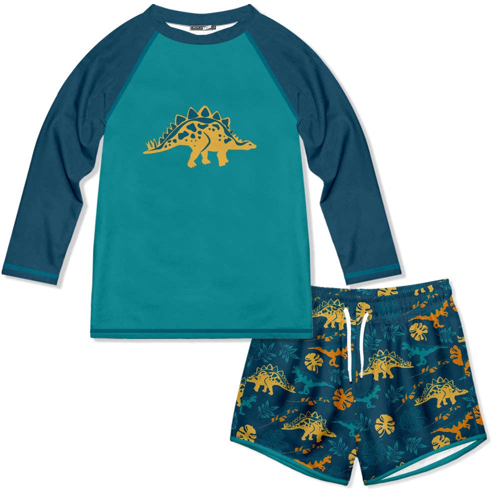 Millie Loves Lily - Boys Teal Tropical Dino Long-Sleeve Rashguard Swimsuit