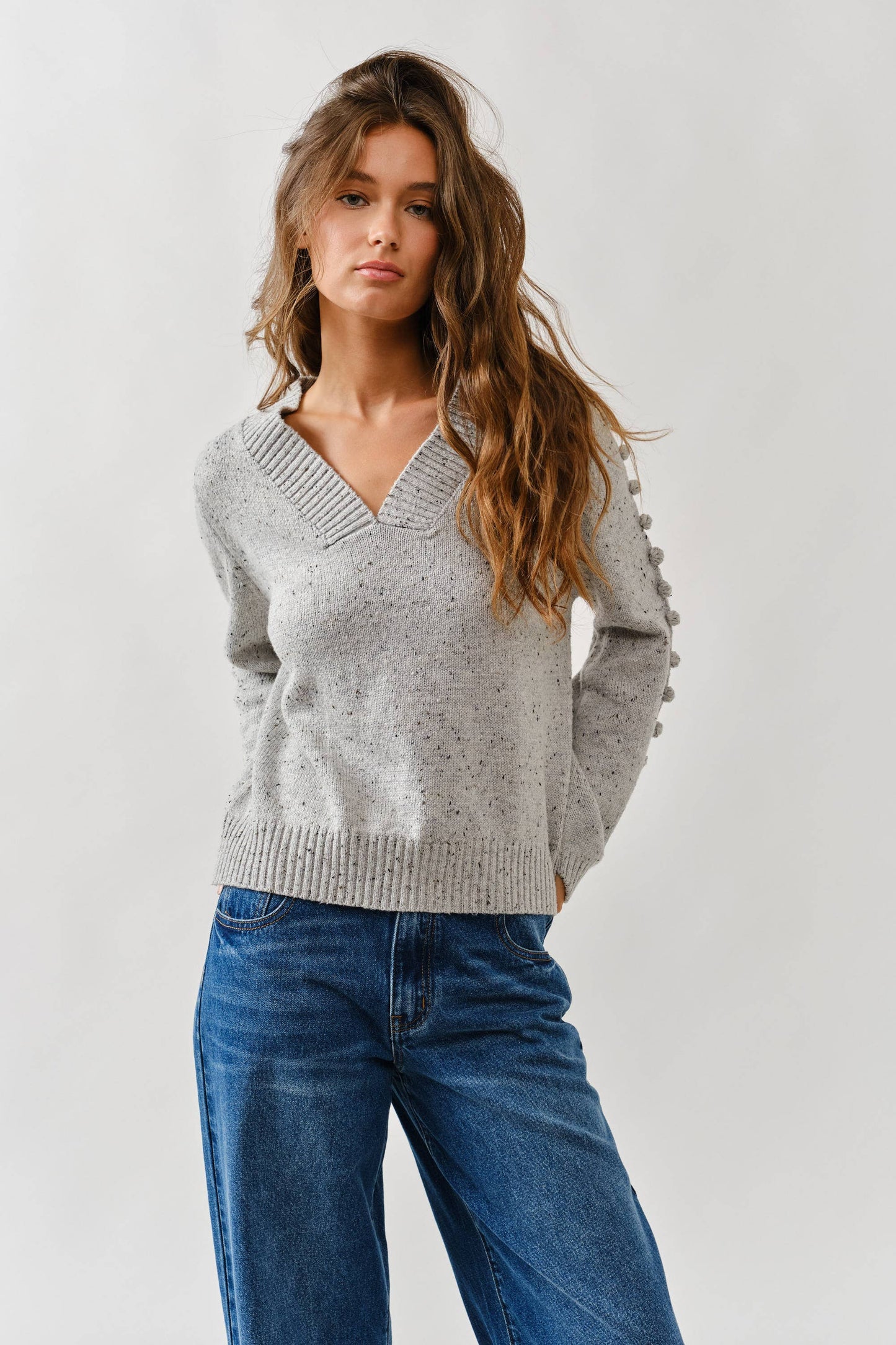 Aaron & Amber - MAS2843 POMPOM LONG SLEEVES V NECK SWEATER