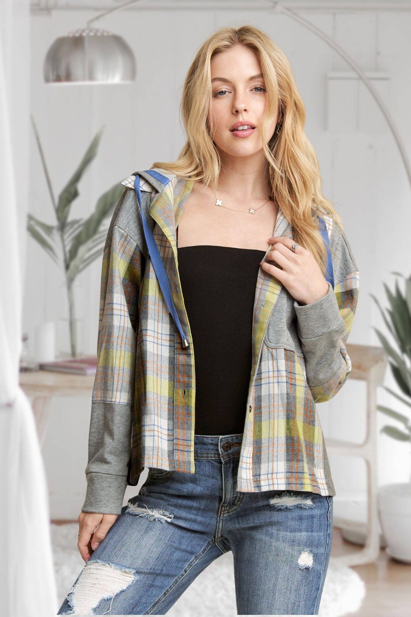 ADORA LA - CEJ3671WN - BUTTON DOWN PLAID HOODIE SHACKET