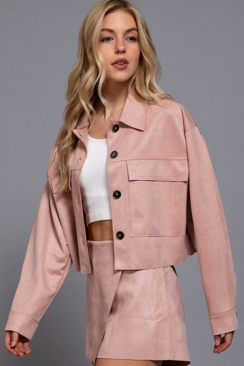 Active Basic | Active USA - Long Sleeve with Front Patch Pocket Faux Suede Short Jacket