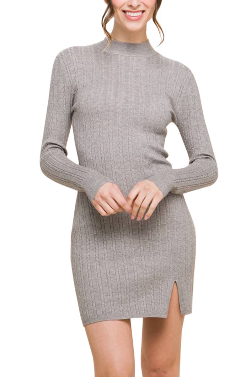 Mock Neck Knit Long Sleeve Dress With Side Slit: 2-2-2 (S-M-L) / H GREY