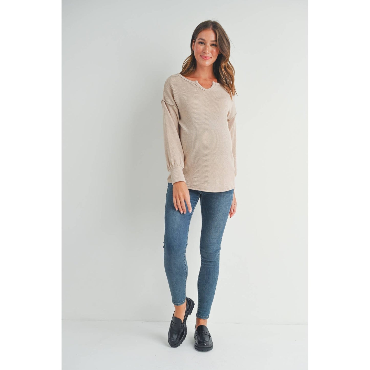 Hello Miz - Split Neck Long Sleeve Maternity Knit Top