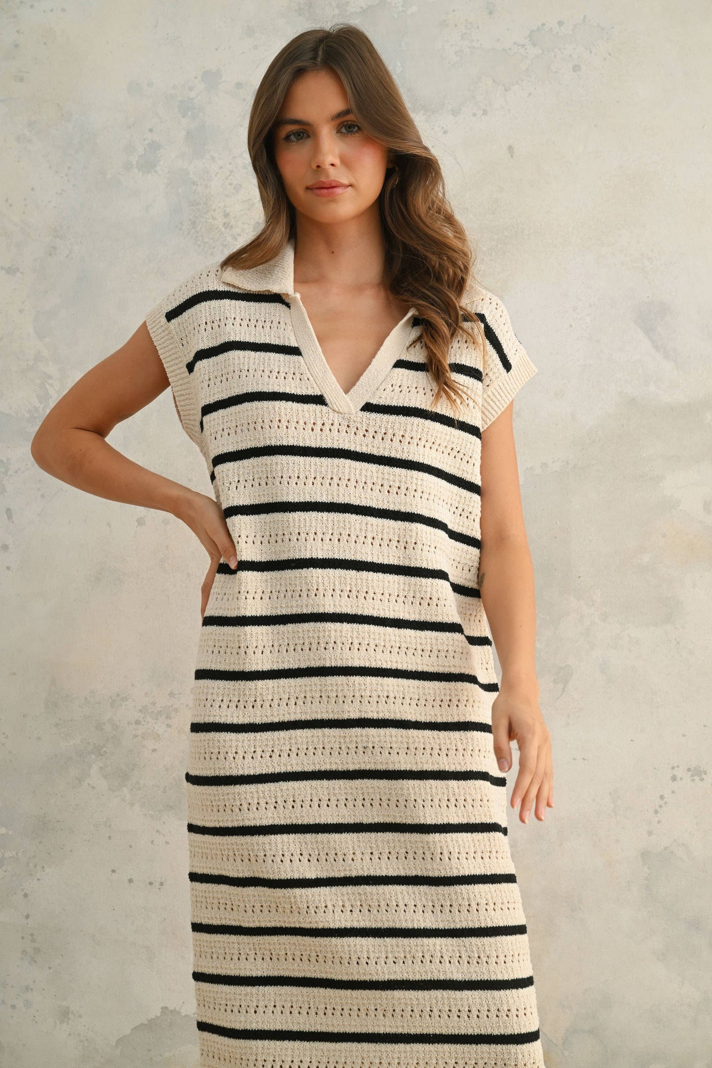 MIOU MUSE - D3924 CROCHET KNITTED COLLARED DRESS