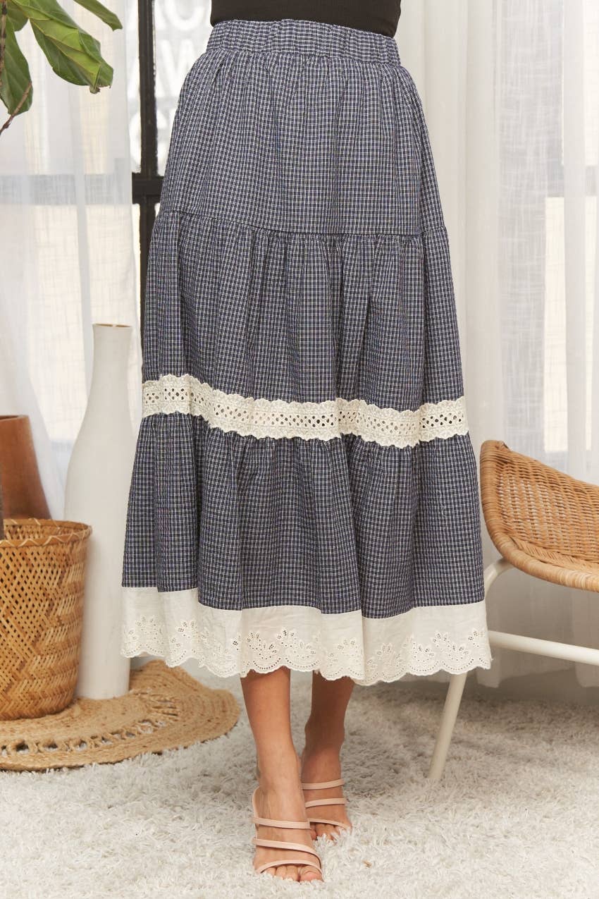 ADORA LA - CES4088 -GINGHAM TIERED MIDI SKIRT LACE TRIM